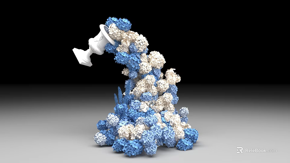 Art Installation with White Container Pouring Blue and White Spherical Elements Forming Stacked Sculptural 3d model 