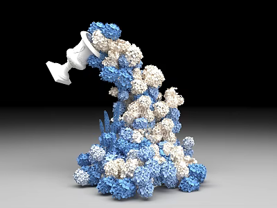 Art Installation with White Container Pouring Blue and White Spherical Elements Forming Stacked Sculptural 3d model