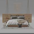 Cozy Double Bed in Bedroom Interior With Wooden Headboard Gray Bedding and Macramé Decor