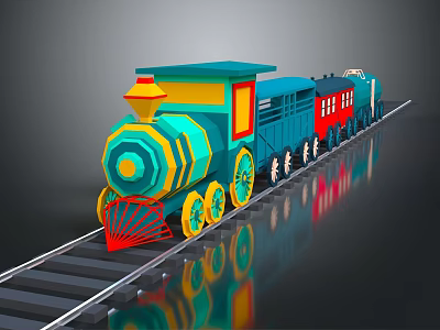 Colorful 3D Model Train With Blue Yellow Red Details On Railway Track And Reflection 3d model