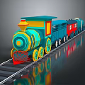 Colorful 3D Model Train With Blue Yellow Red Details On Railway Track And Reflection