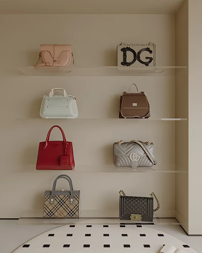 Fashionable Handbags Displayed On Shelves With Various Colors And Stylish Designs 3d model