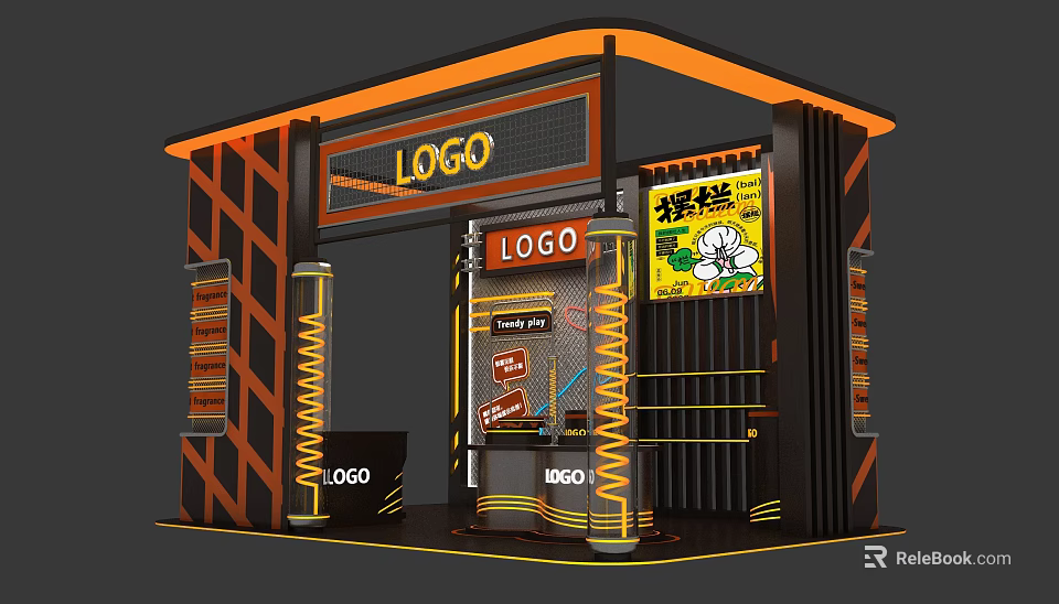 Art Installation Featuring Orange Black Design Logo Display And Promotional Poster Elements 3d model