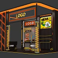 Art Installation Featuring Orange Black Design Logo Display And Promotional Poster Elements 3d model
