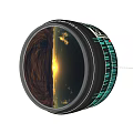 Circular Industrial Viewing Device With White Rim Displaying Sunrise Scene Sky Clouds And Terrain Texture
