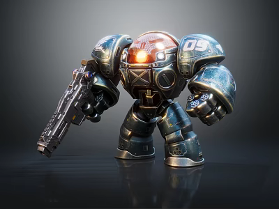 Smart Robot With Heavy Metallic Armor Glowing Orange Head Holding Blaster Gun 3d model