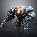 Smart Robot With Heavy Metallic Armor Glowing Orange Head Holding Blaster Gun