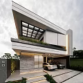 Modern Detached Villa Exterior Design Featuring Greenery Double Garage Lighting Stone Wall And Steps