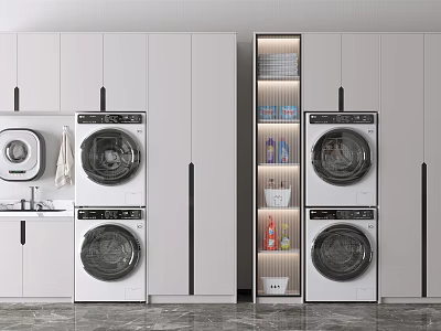Modern White Bathroom Cabinet Rack With Washing Machines And Storage Cabinets In Neat Design 3d model