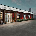 Garden Landscape With Modern Building Red Walls Wooden Structure Trees And Parking Lot