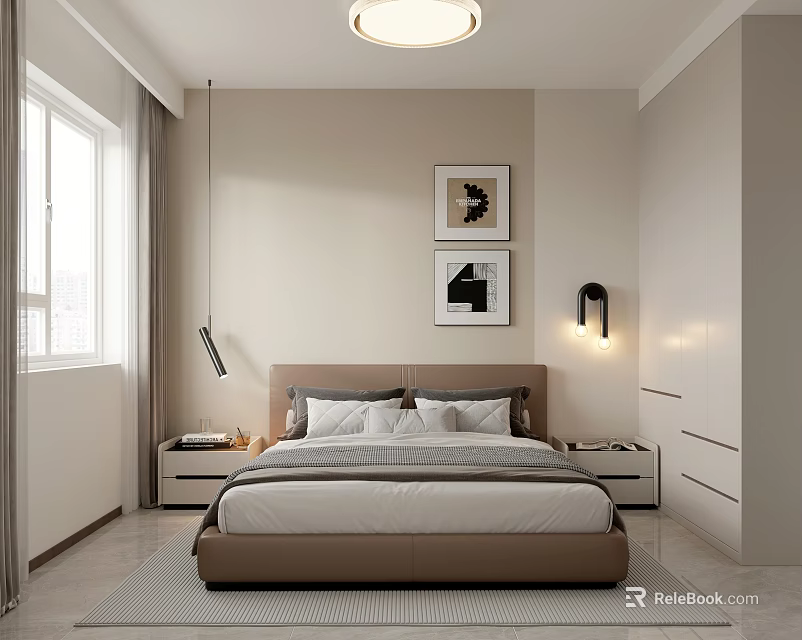 Modern Bedroom Interior With Bed Nightstands Lighting Framed Artworks And Window Curtains 3d model 