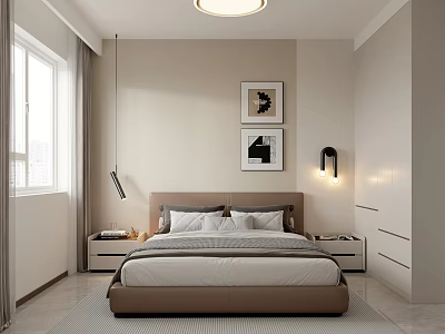 Modern Bedroom Interior With Bed Nightstands Lighting Framed Artworks And Window Curtains 3d model