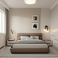 Modern Bedroom Interior With Bed Nightstands Lighting Framed Artworks And Window Curtains