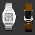 Square Silver Watch With Metal Strap And Orange Leather Strap Design 3d model