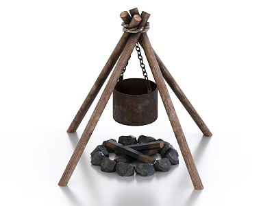 Rustic Cooking Pot Hanging From Tripod Over Campfire 3d model