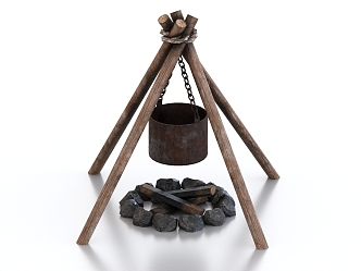 Iron pot cooking pot cooking fireplace bonfire hanging pot charcoal fire 3d model