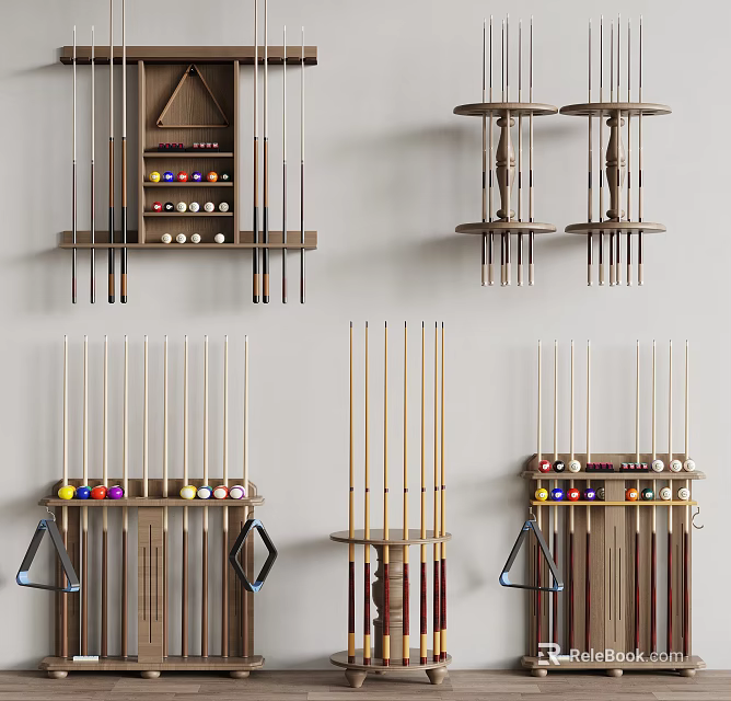 Elegant Wall Mounted Billiard Cue Storage Racks With Ball Display Shelves 3d model 