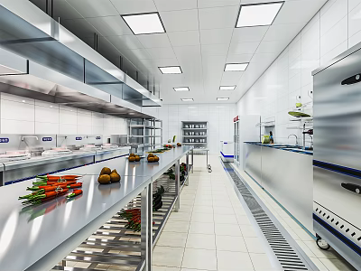 Clean Commercial Kitchen Interior With Stainless Steel Worktables Fresh Ingredients And Hoods 3d model
