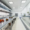 Clean Commercial Kitchen Interior With Stainless Steel Worktables Fresh Ingredients And Hoods