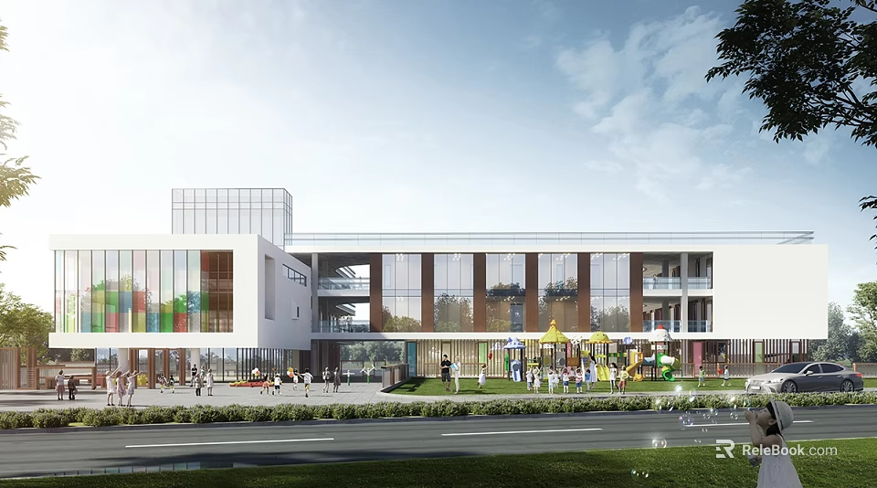 Modern Multi story School Building With Glass Facade Green Lawns And Outdoor Playground 3d model 