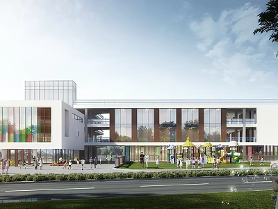 Modern Multi story School Building With Glass Facade Green Lawns And Outdoor Playground 3d model