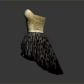 Elegant Gold Sequined Dress With Heart Neckline And Black Fringe Skirt