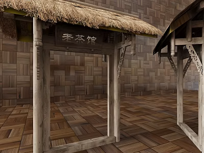 Traditional Tea House Interior Design With Thatch Roof And Wooden Walls 3d model