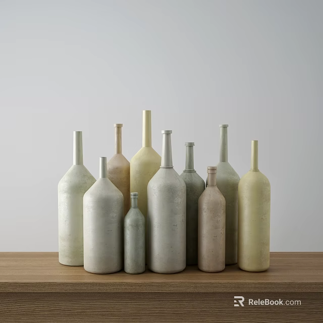 Minimalist Decorative Vases With Various Shapes And Neutral Tones On Wooden Table 3d model 