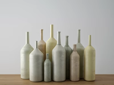 Minimalist Decorative Vases With Various Shapes And Neutral Tones On Wooden Table 3d model