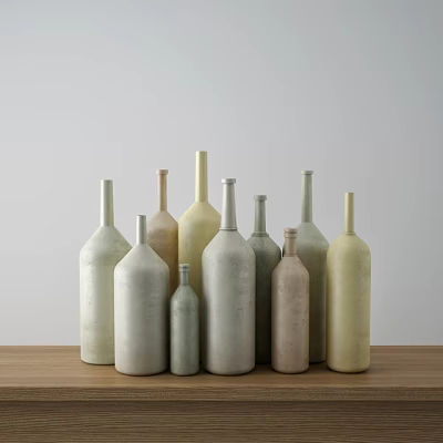 Minimalist Decorative Vases With Various Shapes And Neutral Tones On Wooden Table 3d model