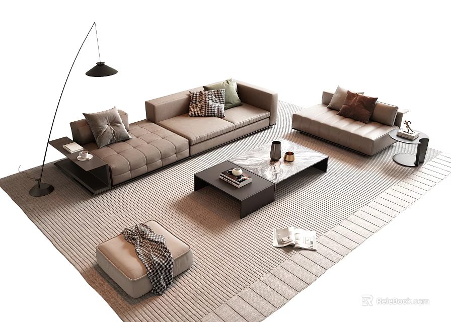 Modern Sofa And Coffee Table Set With Pillows Floor Lamp And Ottoman On Rug 3d model 