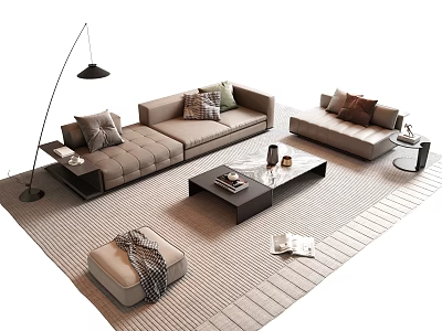 Modern Sofa And Coffee Table Set With Pillows Floor Lamp And Ottoman On Rug 3d model