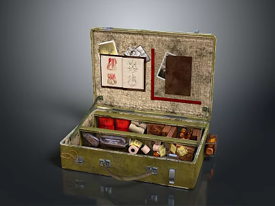 Open Vintage Green Suitcase Filled With Daily Necessities Small Boxes Bottles And 3d model