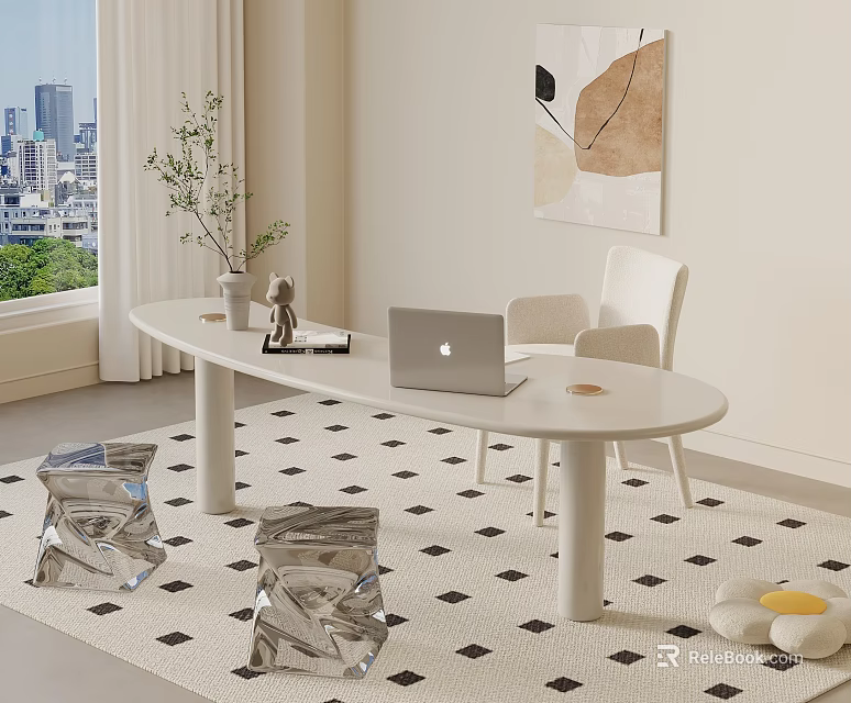 White Oval Desk with MacBook Potted Plant White Chair City View Black White Diamond Rug 3d model 