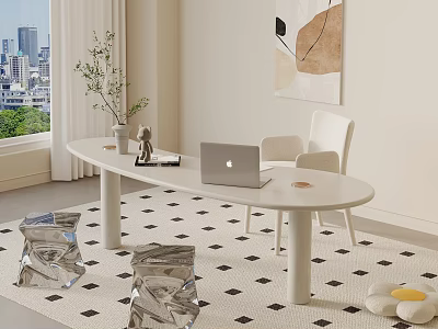 White Oval Desk with MacBook Potted Plant White Chair City View Black White Diamond Rug 3d model