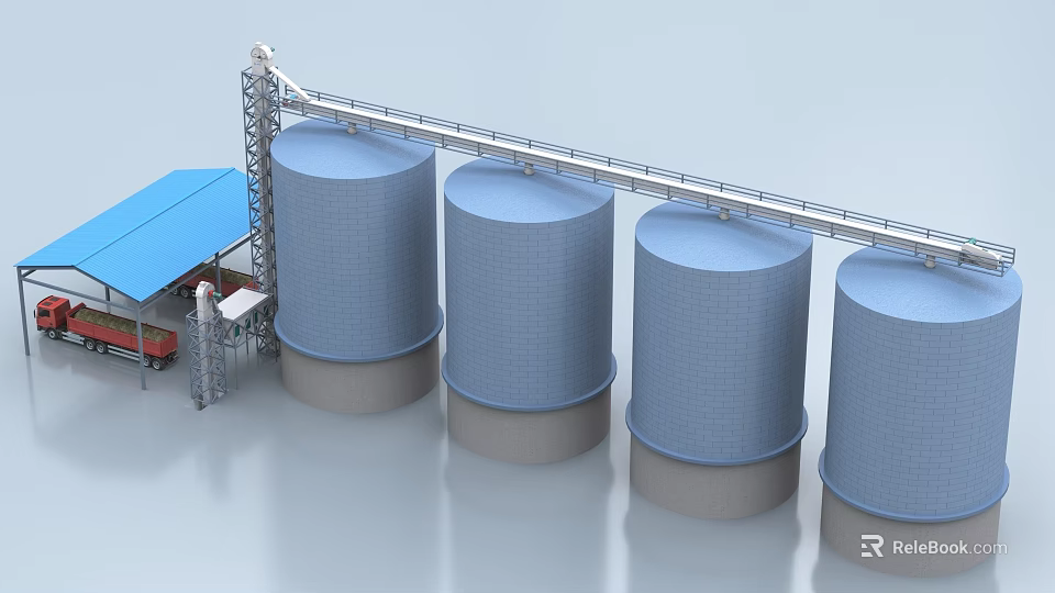 Industrial Equipment Featuring Large Blue Storage Tanks Conveyor System And Building 3d model 