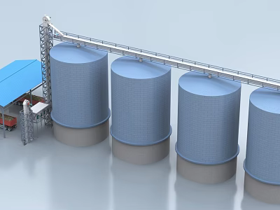 Industrial Equipment Featuring Large Blue Storage Tanks Conveyor System And Building 3d model