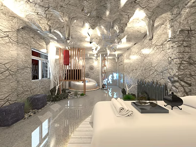 Relaxing Modern SPA Sauna Interior With Natural Stone Walls And Soft Ambient Lighting 3d model