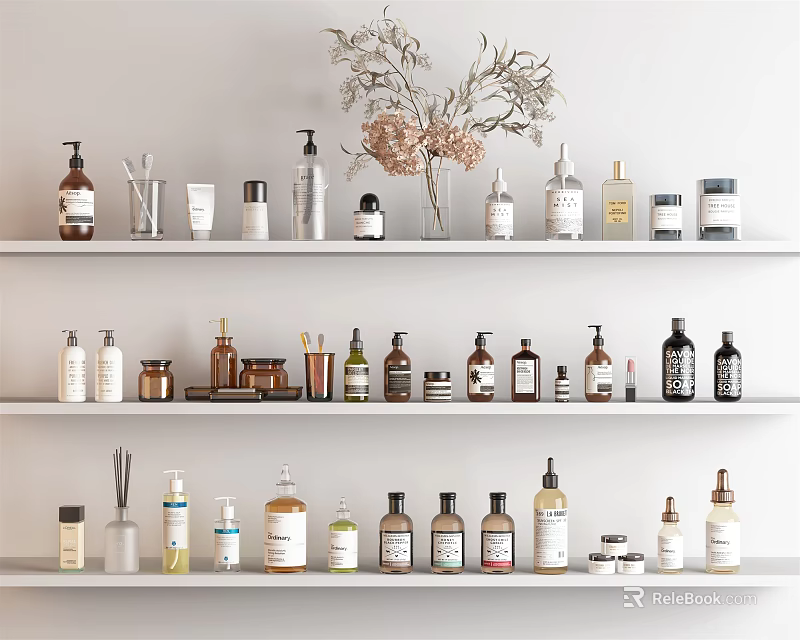 Bathroom Accessories Various Bottles Jars Cups And Vase Arranged On Three White Shelves 3d model 
