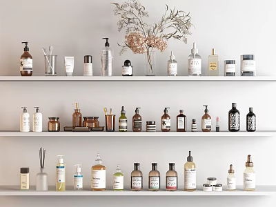 Bathroom Accessories Various Bottles Jars Cups And Vase Arranged On Three White Shelves 3d model