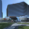 Modern Office Building With Green Roof Surrounding Trees And Commercial Plaza Space
