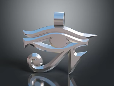 Silver Metallic Horus Eye Pendant With Geometric Design And Curved Spiral Decorations 3d model