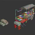 Mobile Commercial Food Cart Equipment With Display Trays Metal Roof Wheels And Red Stools