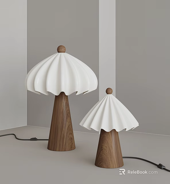 Two Modern Scalloped White Lampshades Table Lamps With Walnut Wooden Base In Minimalist Interior 3d model 