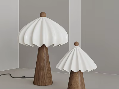 Two Modern Scalloped White Lampshades Table Lamps With Walnut Wooden Base In Minimalist Interior 3d model