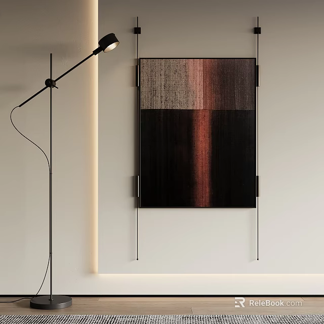 Modern Interior With Abstract Painting And Black Floor Lamp On White Wall 3d model 