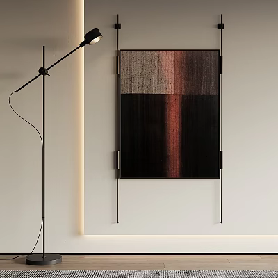Modern Interior With Abstract Painting And Black Floor Lamp On White Wall 3d model
