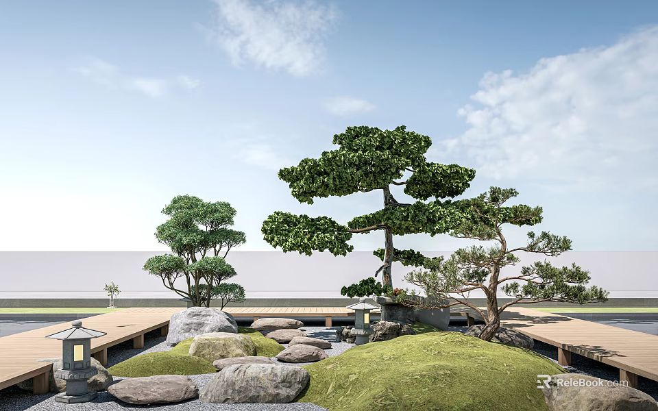Japanese Garden Plant Combination Featuring Pine Trees Green Grass Stones And Lantern 3d model 