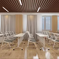 Spacious Modern Classroom With White Tables Chairs Wooden Ceiling Blue Screen And Windows