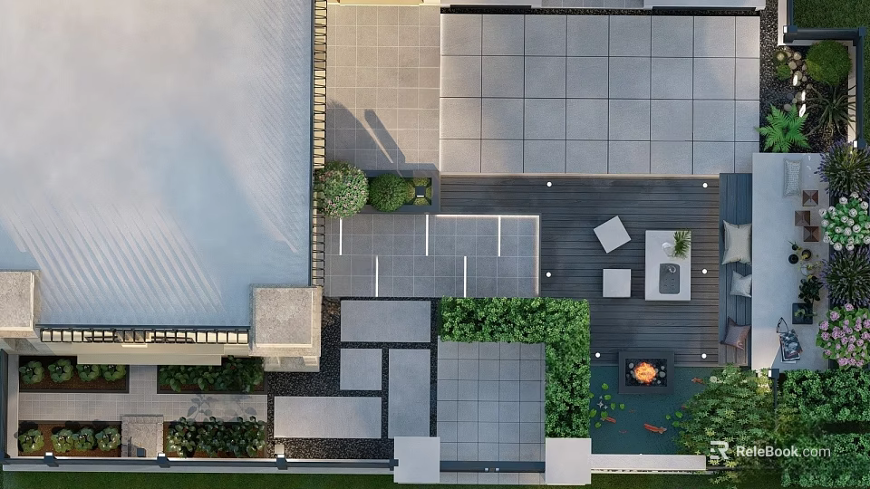 Modern Courtyard Garden Design With Stone Tiles Lush Green Plants Outdoor Seating And Fire Pit 3d model 